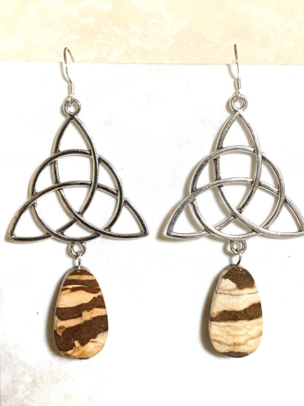 2/$20, Zebra Jasper Celtic Trinity Earrings, Gemstone & Sterling Silver Hook